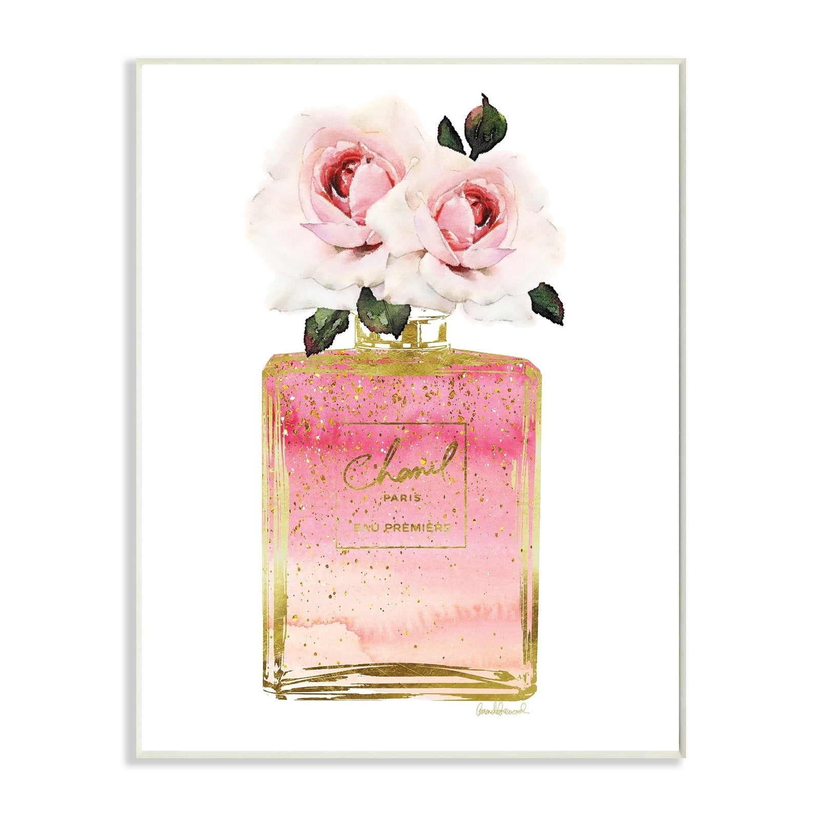 The Stupell Home Decor Collection Pink and Gold Ombre Perfume Bottle with Roses Oversized Wall Plaque Art, 12.5 x 0.5 x 18.5