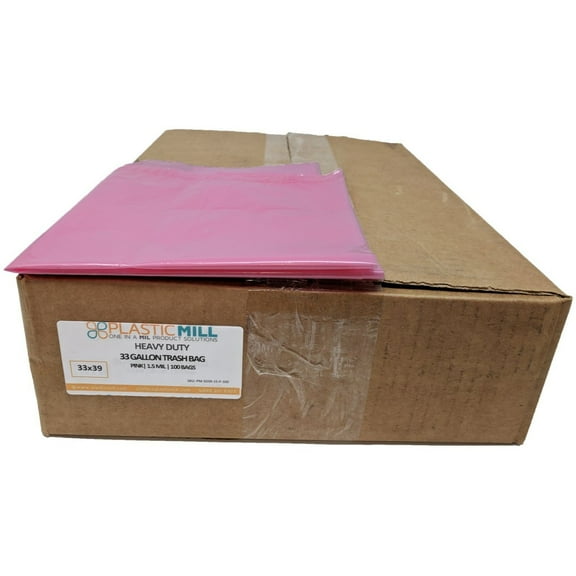 PlasticMill 33 Gallon, Pink, 1.5 MIL, 33x39, 100 Bags/Case, Garbage Bags / Trash Can Liners.