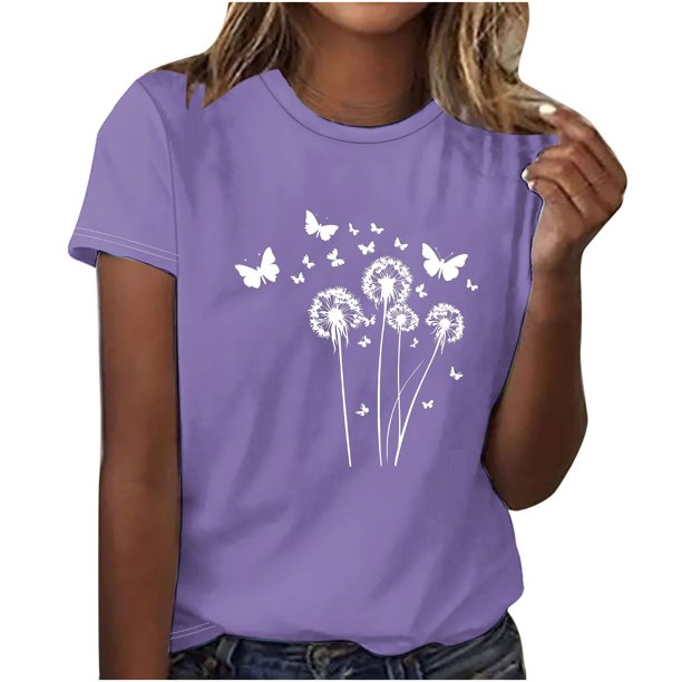 Tops de Manga Corta de Algodón para Mujeres, Moda Impresa Cuello Redondo Blusa Casual para el Hogar Y el Uso Diario
