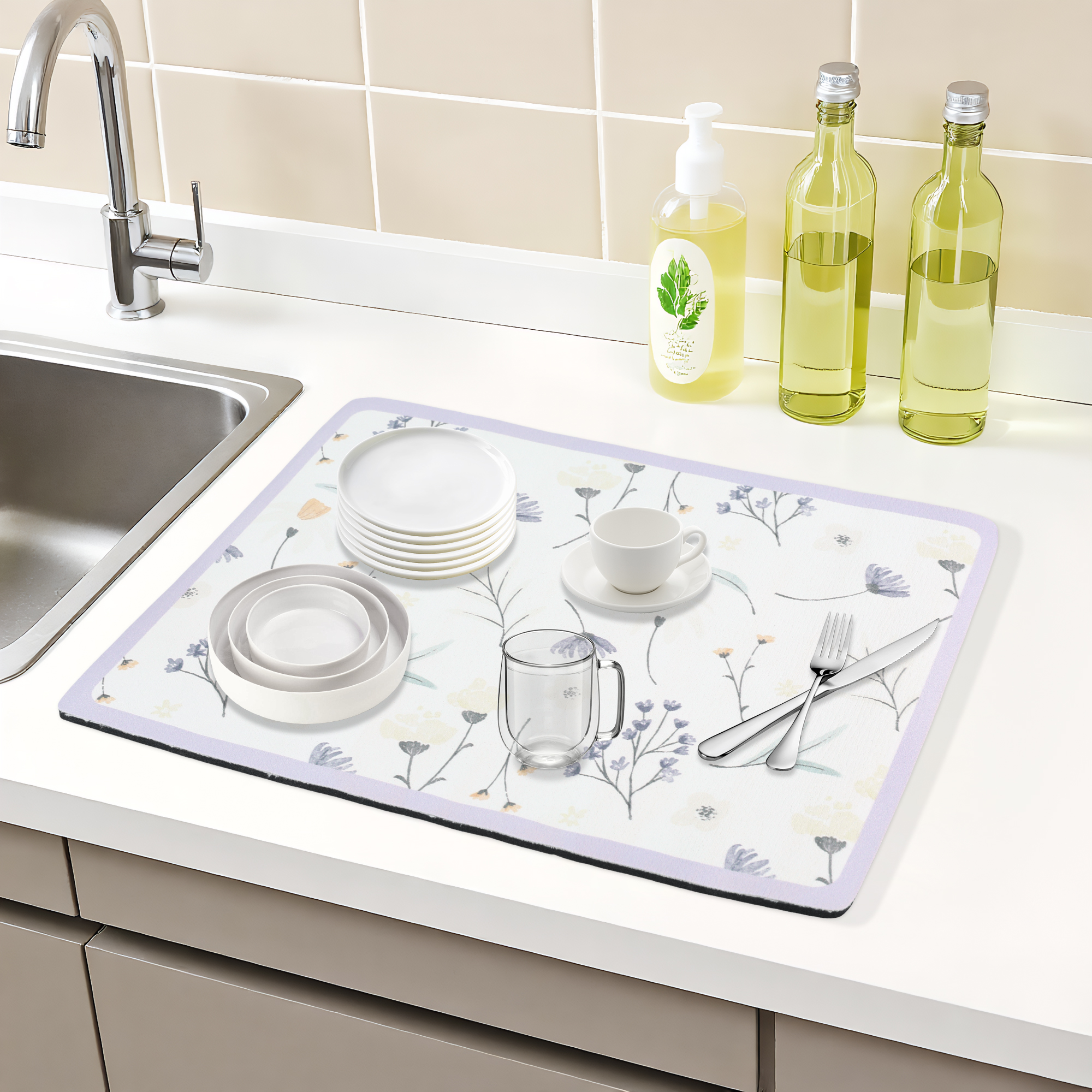 Unique Bargains Floral Quick Dry Dish Drying Mats for Kitchen Purple 19.7*15.7 inch