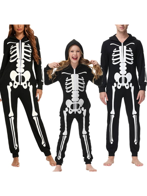 Halloween Family Matching Costume Pajamas Sets Skeleton Glow in Dark Hoodie Jumpsuit One Piece Long Sleeve Family Jammies