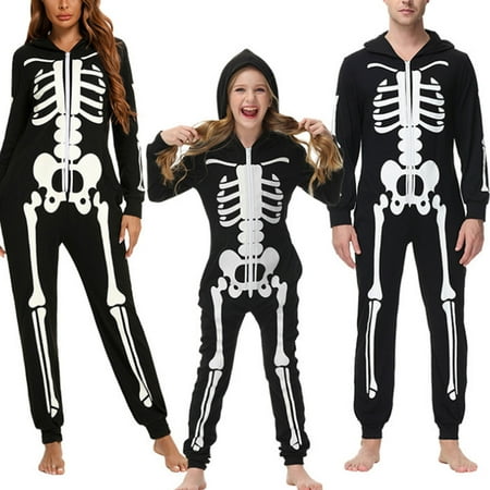 

Matching Family Pajamas Sets One-Piece Hooded Halloween Skeleton Pajamas Set Glow Holiday Pjs