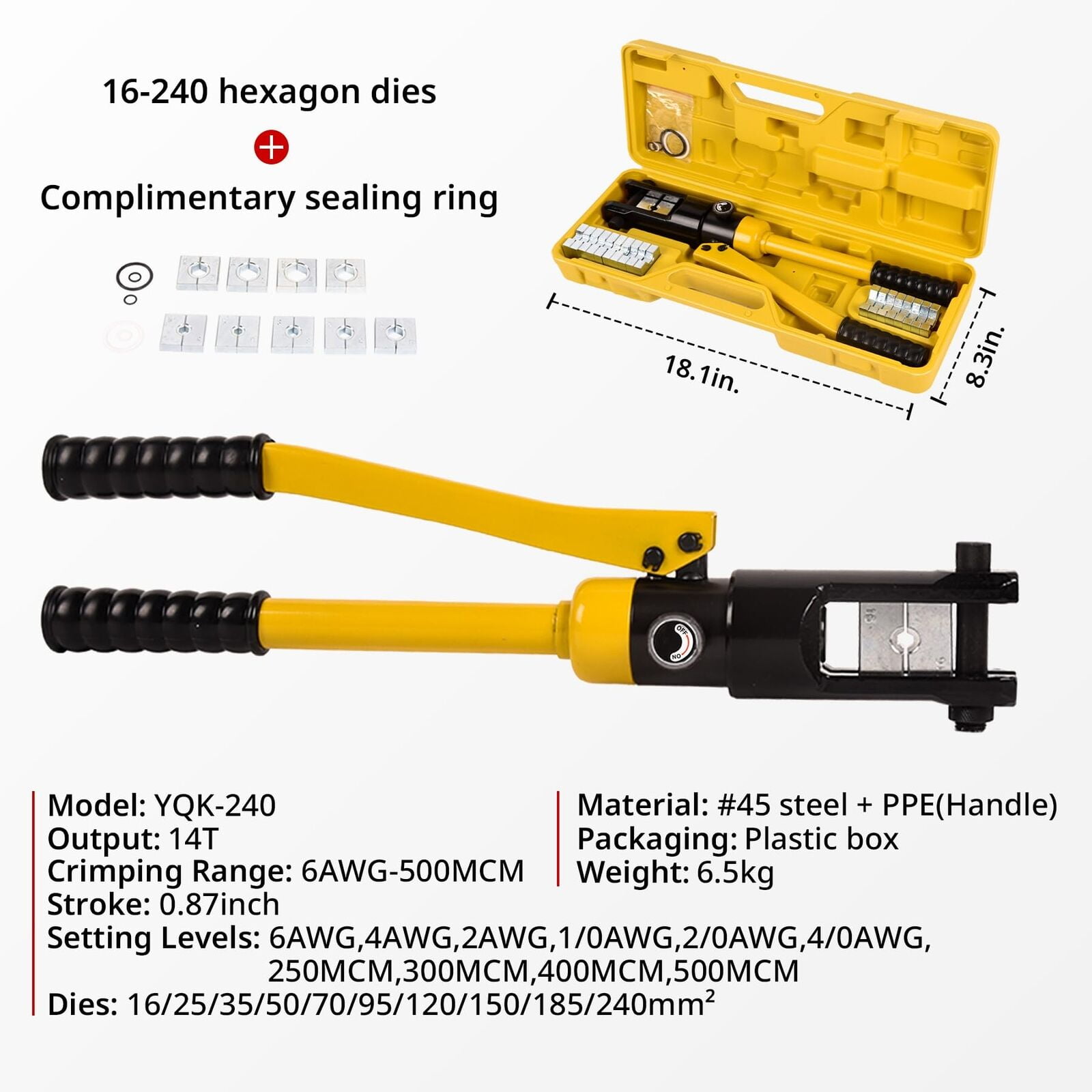 LCyindu 14T Hydraulic Crimping Tool 6AWG-500MCM Battery Cable Crimping Tool with 10 Dies