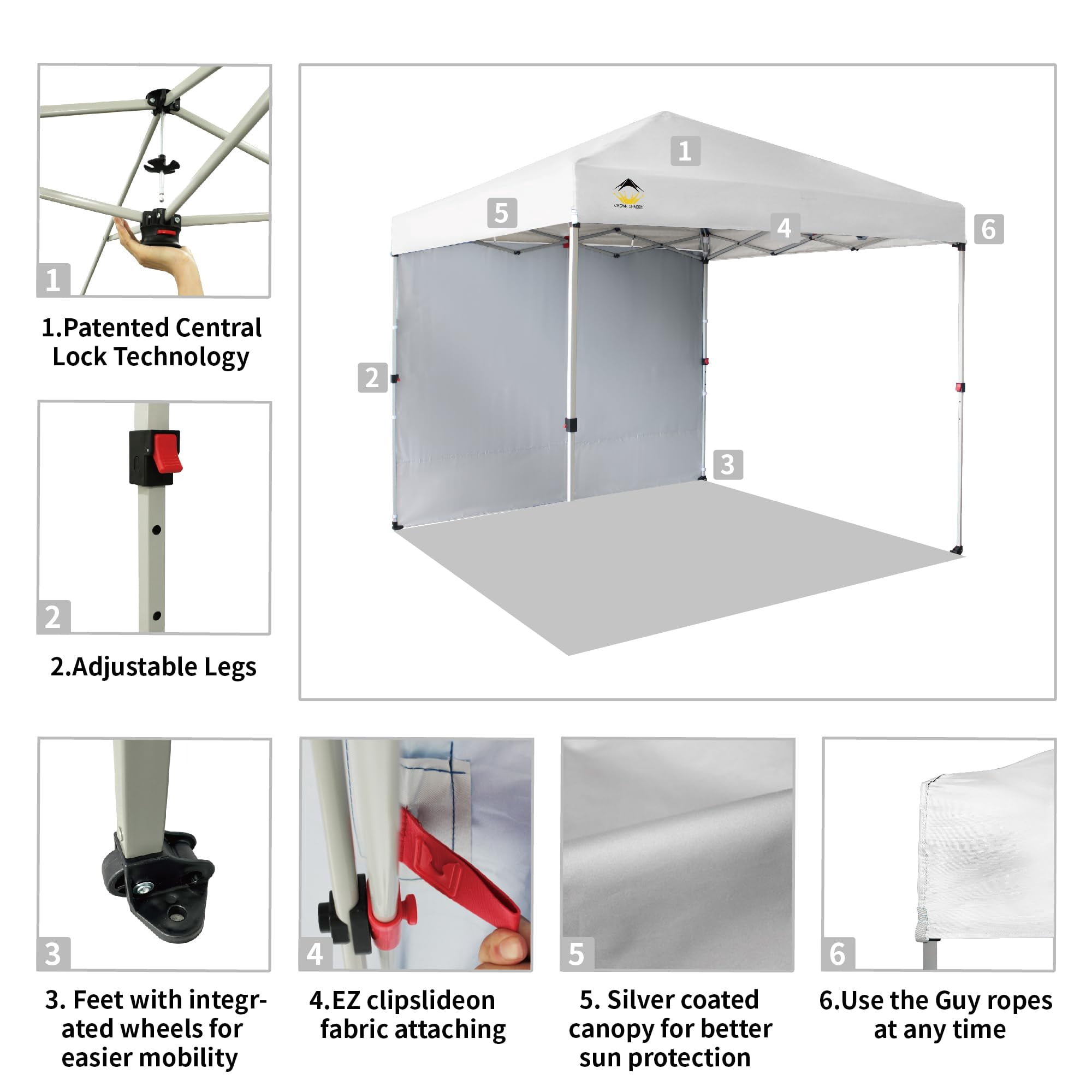 CROWN SHADES Canopy Tent, 8 x 8 Foot Portable Pop Up Outdoor Shelter with 1 Sidewall, Easy 1 Push Center Lock, UV Protection, and Carry Bag, White