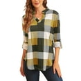 thumbnail image 3 of Uhndy Women Long Sleeve Plaid Tunic Shirt V Neck Pullover Blouse Tops Ladies New Fall Winter Roll-up Shirt Baggy Color Block Checked T Shirt Tops Yellow 5XL, 3 of 5