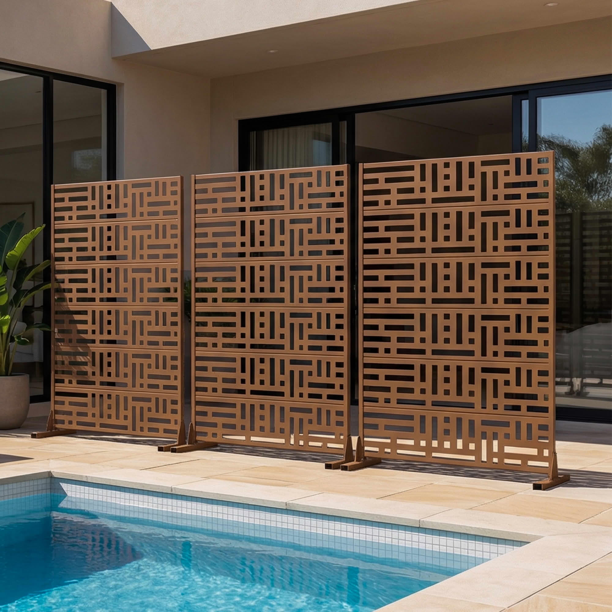 MAYEERTY 72"x47" Outdoor Privacy Fence, 6-Panel Brown Geometric Street Pattern Galvanized Steel Panel, Freestanding for Backyard Garden