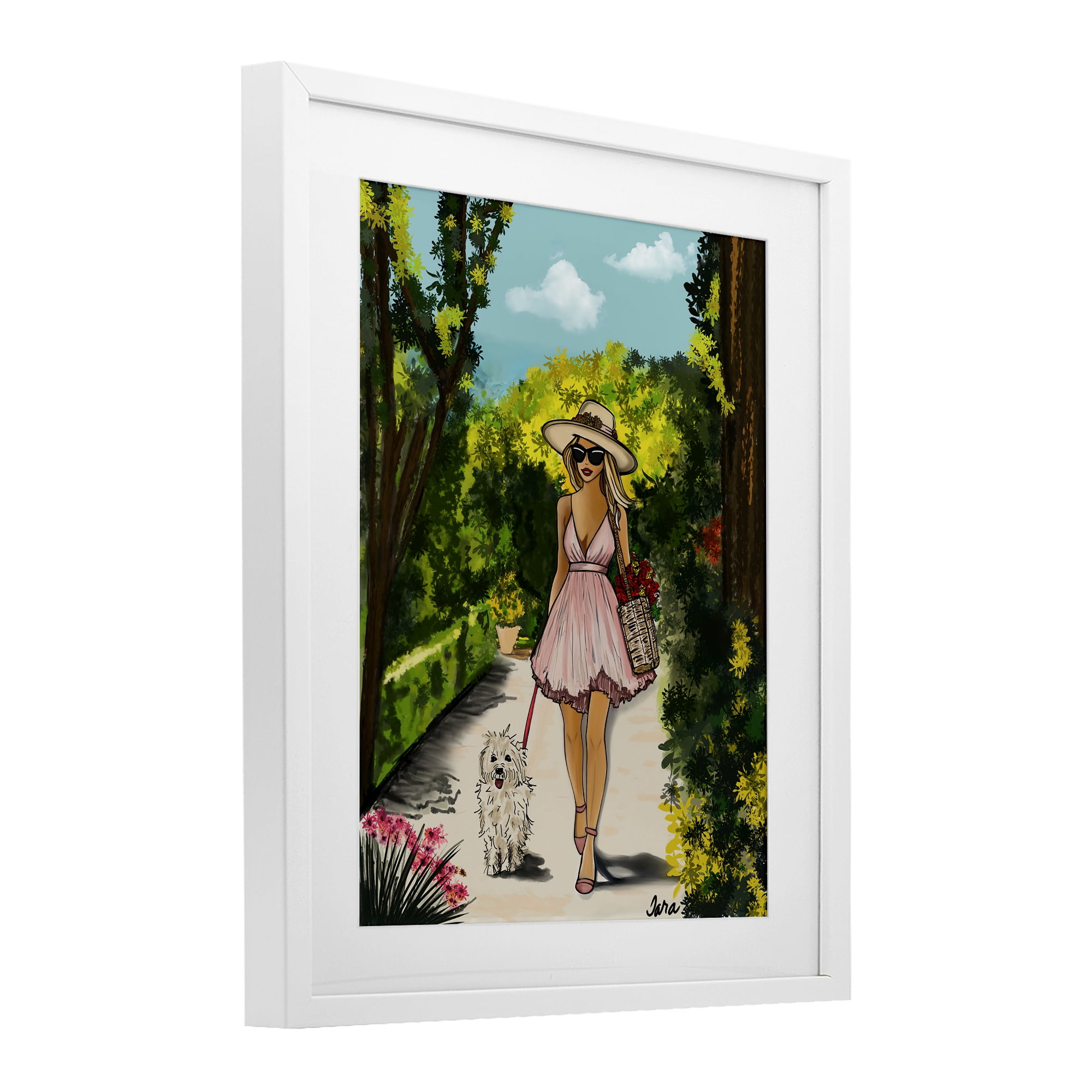 Stupell Industries Garden Girl Strolling with Pup White Framed Print Under Glass, design by Tara Boone