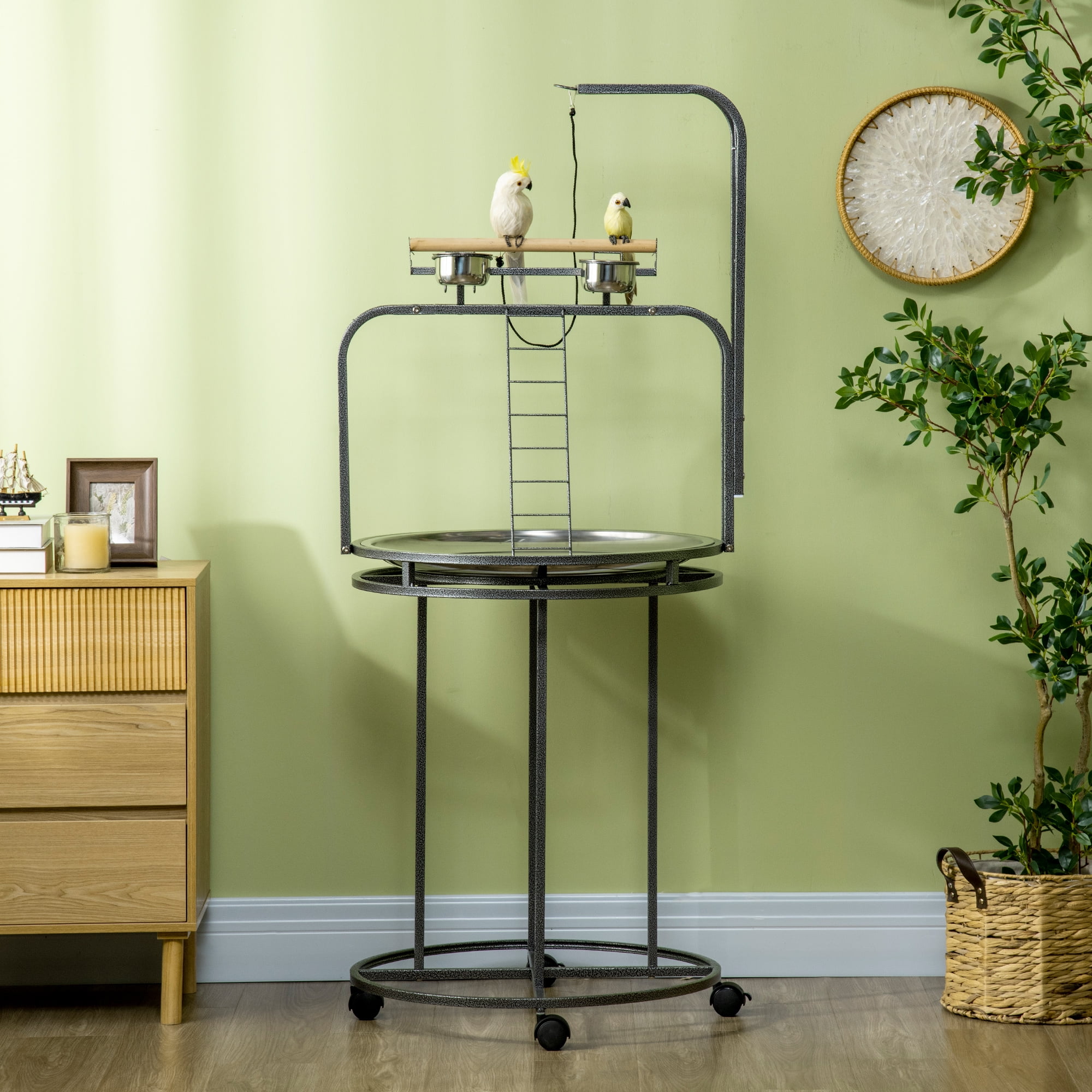 Parrot Stand Large Bird Perch Stand with Toy Hook & 3 Ladders, Parrot Perch with Easy Grip, Bird Wooden Stand, Gray
