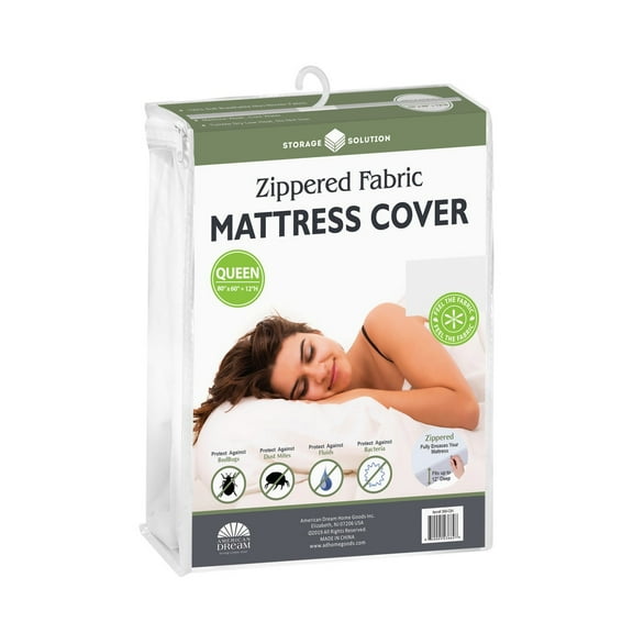 zippered fabric mattress cover, protects against bed bugs, queen