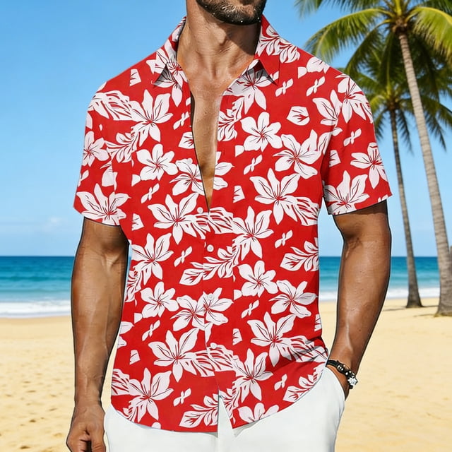 Ceisia Men's Tropical Floral Print Short Sleeve Button Down Hawaiian Shirt for Beach Vacation Red M Gifts