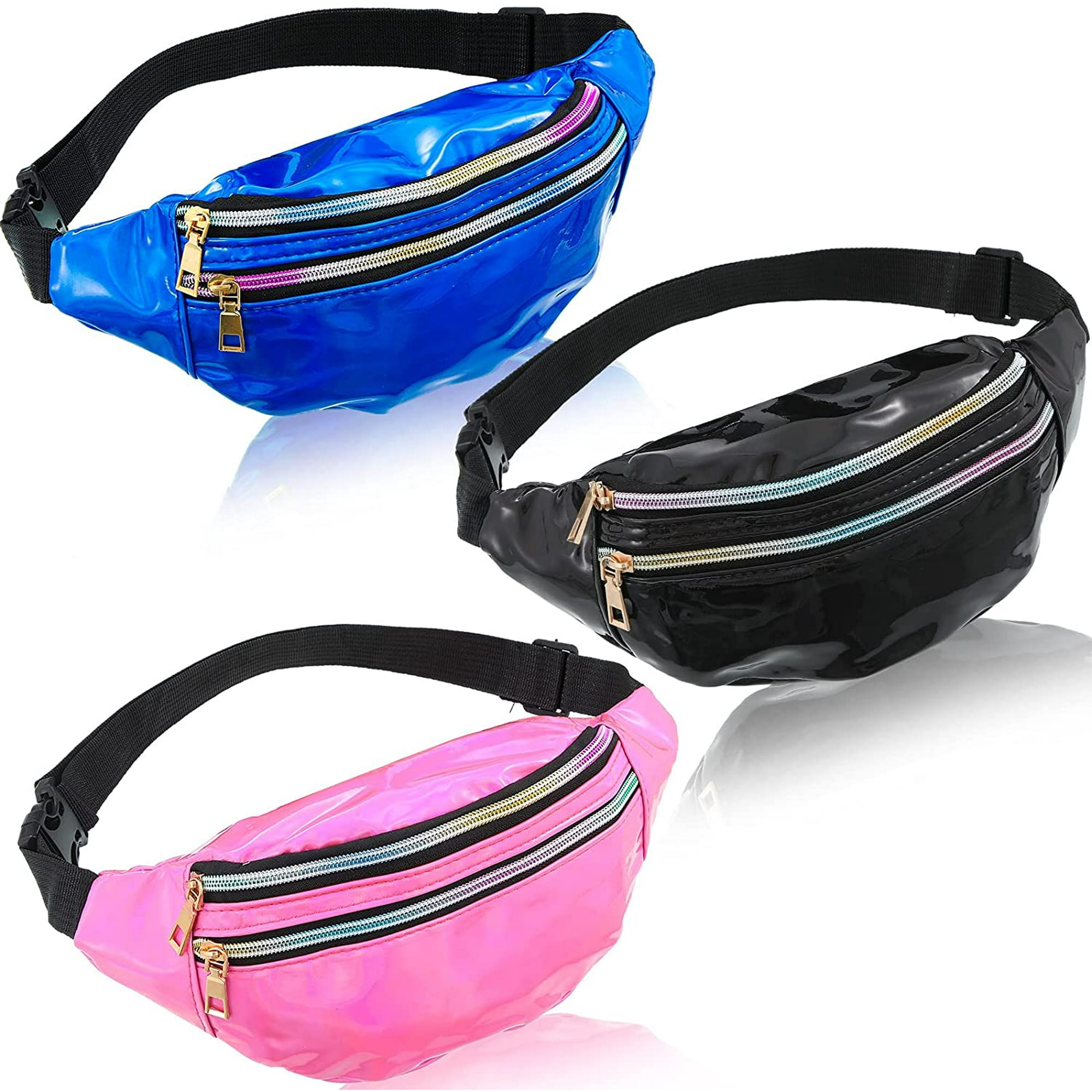 3 Pieces Holographic Fanny Pack for Women Kids Men Metallic Iridescent Sport Waist Bag Reflective Belt Bag with Adjustable Belt Waterproof Chest Bag for Traveling Running Black Blue Pink Walmart