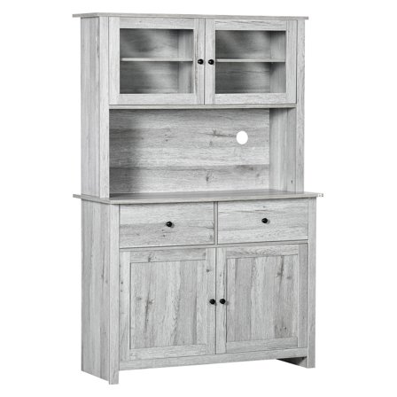 63.5" Kitchen Buffet with Hutch, Pantry Storage Cabinet with 4 Shelves, Drawers, Framed Glass Doors, Open Microwave Countertop, Grey