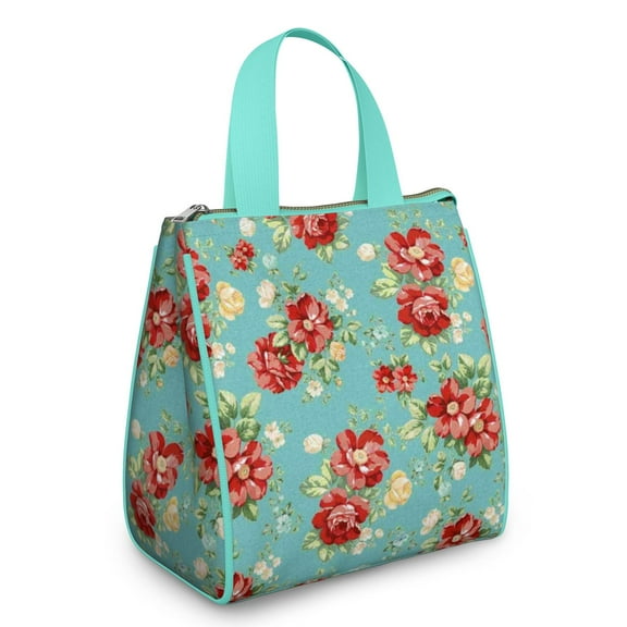 Pioneer Flower Floral Print Pattern Insulated Lunch Bag for Women & Adults,Large Portable Soft Cooler Lunch Bag,Thermal Food Storage Tote with Pearl Cotton,8.66L,8.75x5.75x9.5 Inch