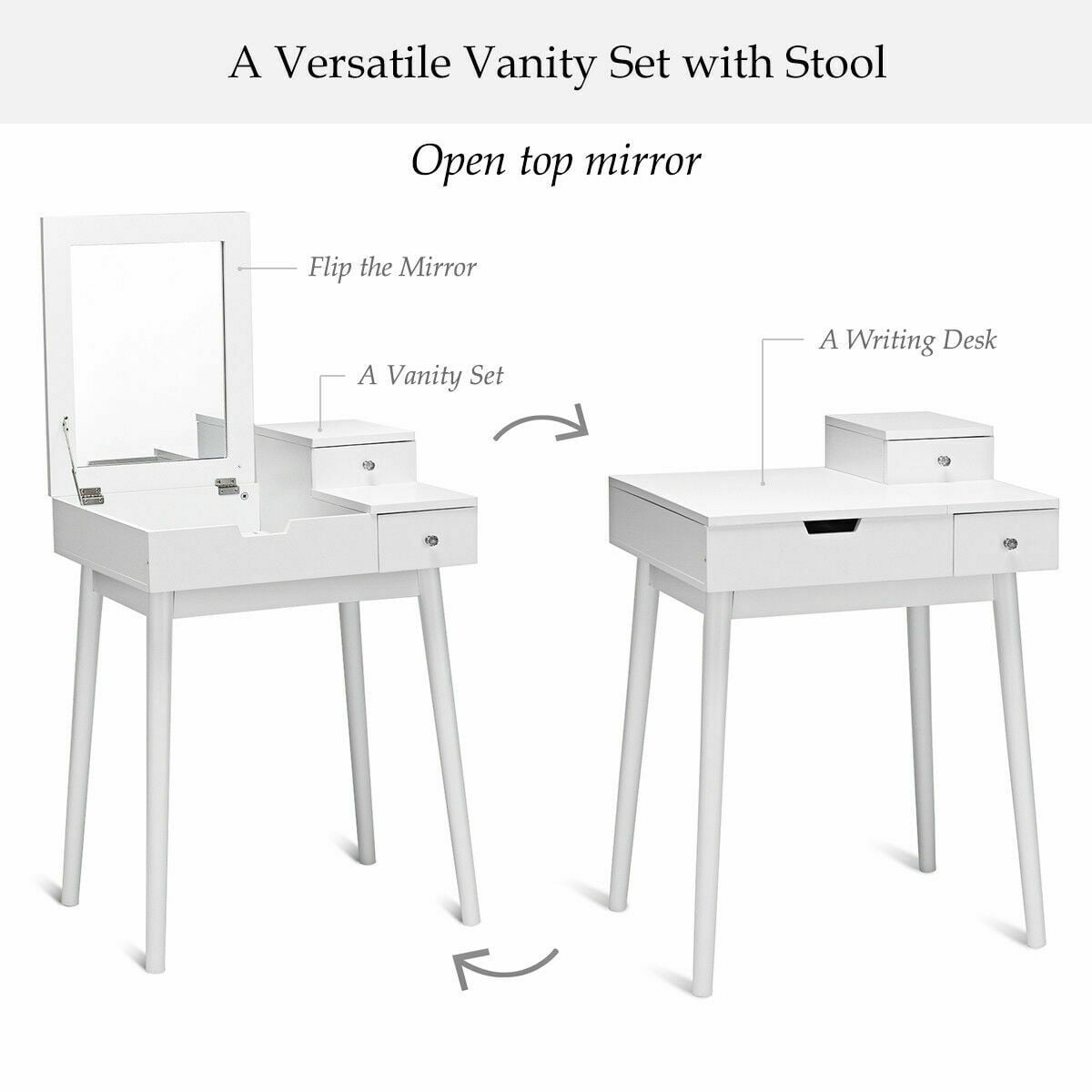 Costway Vanity Dressing Table Flip Desk Furniture Stool 2 White