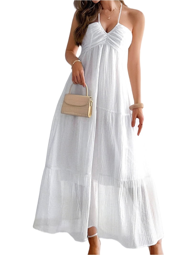 long flowy white summer dresses Women'S Shalterneck Maxi Dress Summer Sleeveless Dress Casual Boho Backless Flowy Long Dresses White M