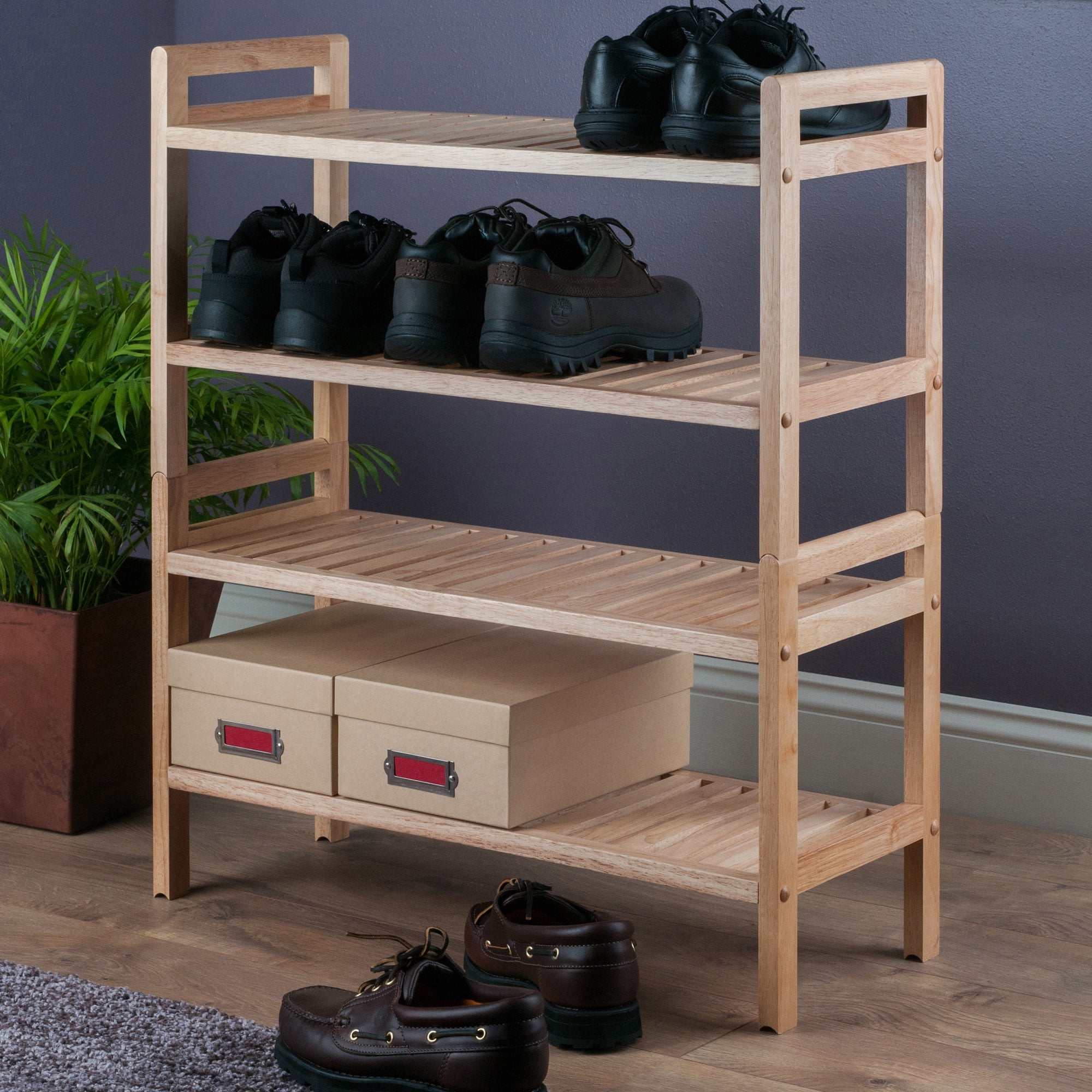 2 Tier Shoe Rack Shelf Stand Natural Walnut Finish Solid Wood Storage Organiser 