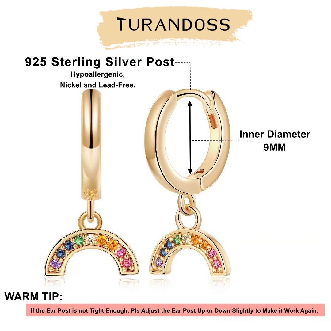 Turandoss Rainbow Huggie Hoop Earrings for Women 14K Gold Plated Dainty Colorful Cubic Zirconia Dangle Hypoallergenic Jewelry Gifts for Women Girls