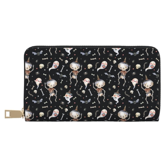 Leather Thin Slim Wallets for Women Men - cute Skull bone Clutch Card Wallet for Women Men with Zipper