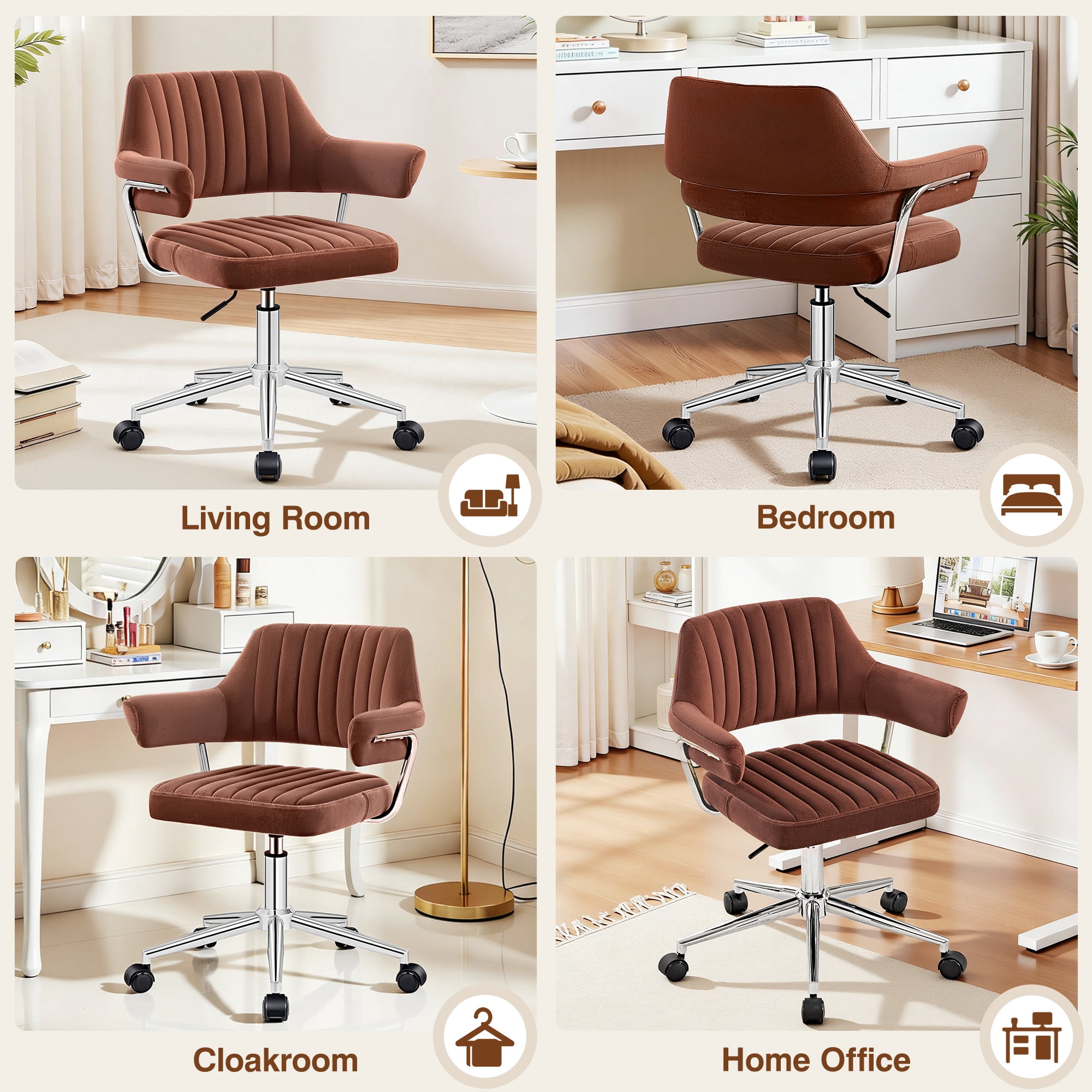 COOLHUT Modern Swivel Office Desk Chair, Velvet Leather Chair with Back and Wheels, Height Adjustable Comfy Home Office Chair, Simple Assembly For Living Room, Bed Room, Rust Red