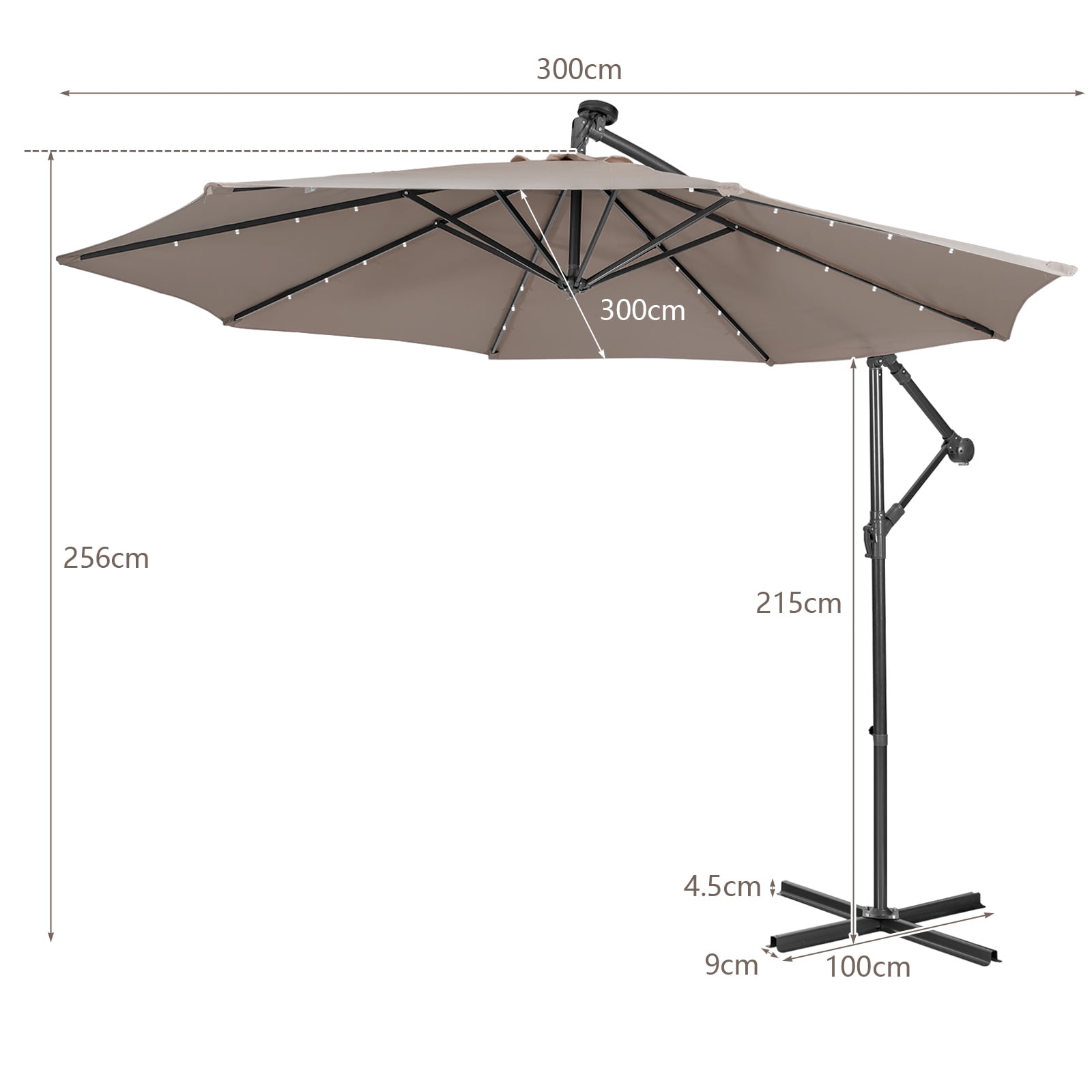 Patiojoy 10FT Patio Umbrella with 32 LED Lights Solar Powered Pool Umbrellas 8 Ribs Cantilever Offset Umbrella for Outdoor Coffee
