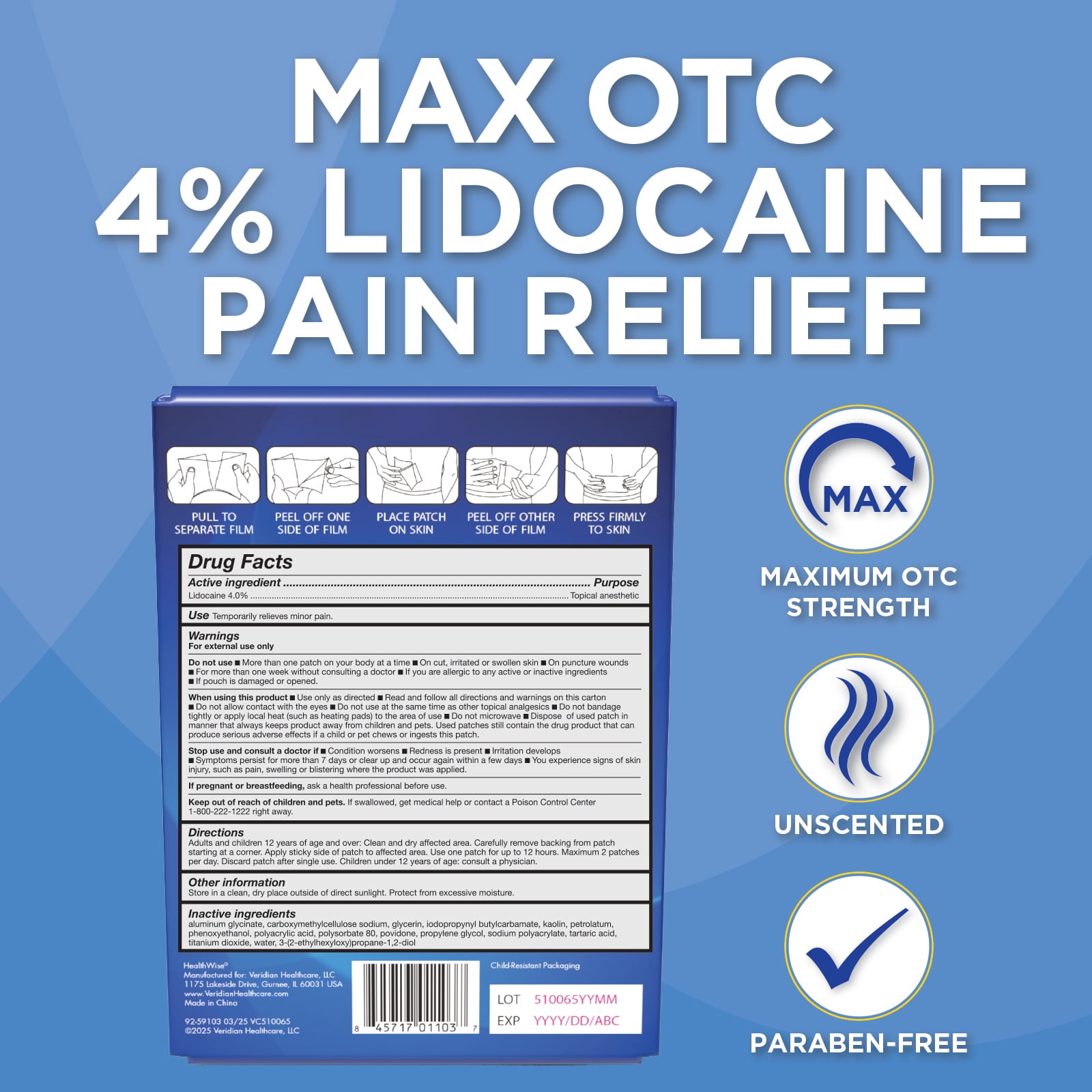 HealthWise™ Maximum Strength OTC Pain Relief Patch | 4% Lidocaine Patch | 3.9” x 5.5” | 25-Count Box | Paraben Free