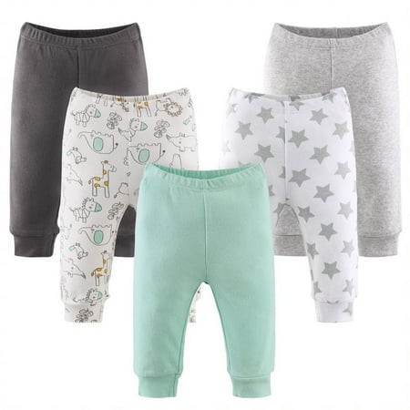 UPC: 0841297158285 | The Peanutshell Baby Boy or Baby Girl Pants Set 5 Pack Safari Black White Sage Stars