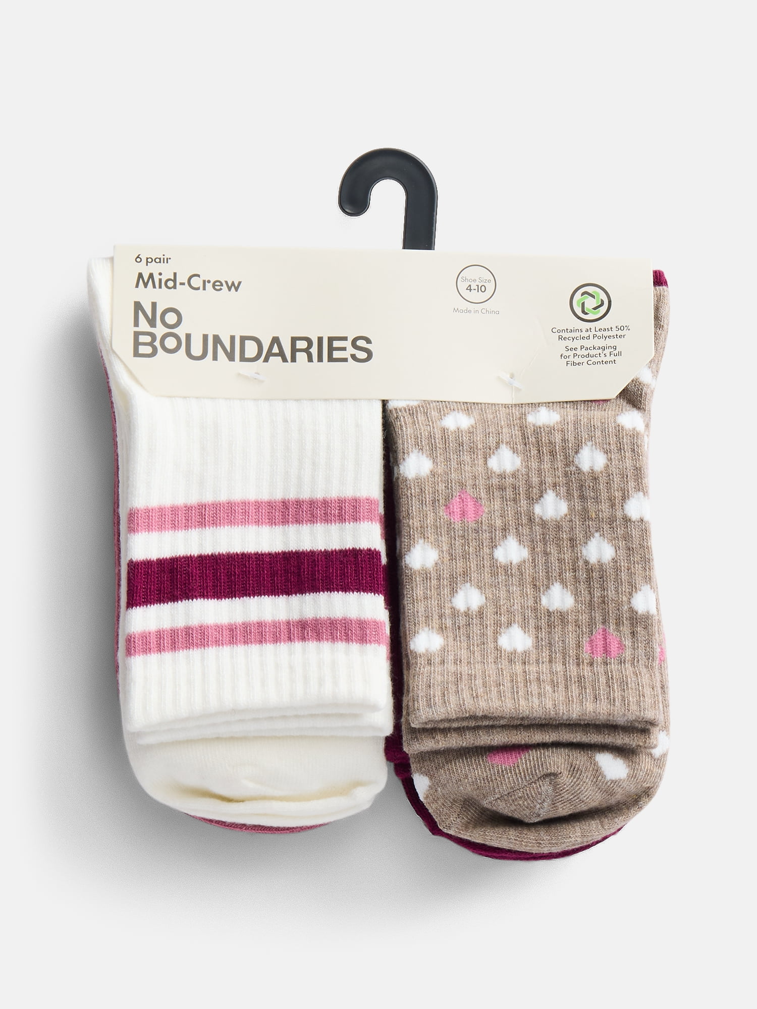 No Boundaries Women's Ribbed Mid Crew Socks, 6 Pack, Shoe Sizes 4-10