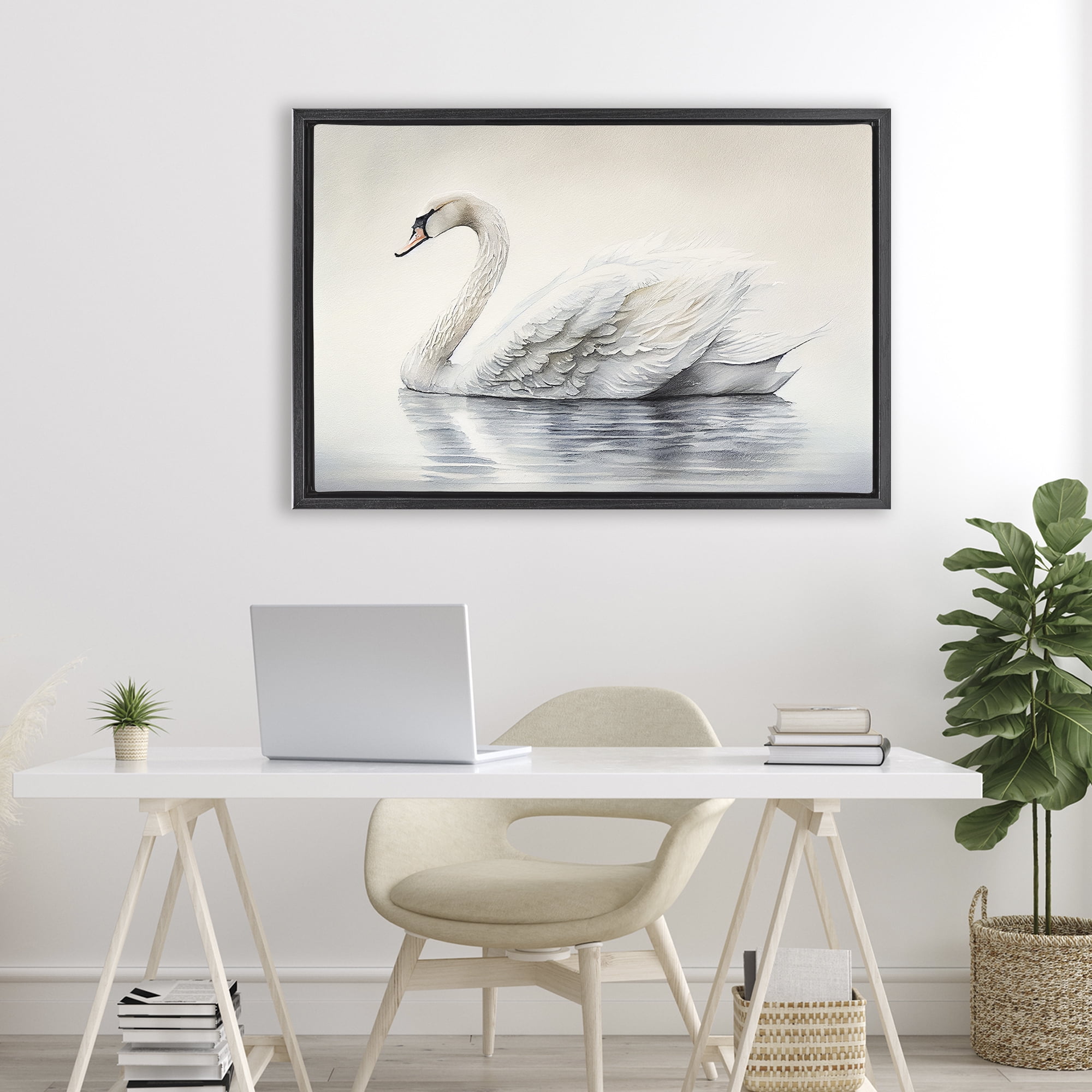 Elegant Floating Swan Black Framed Floater Canvas Wall Art, design by Sasha