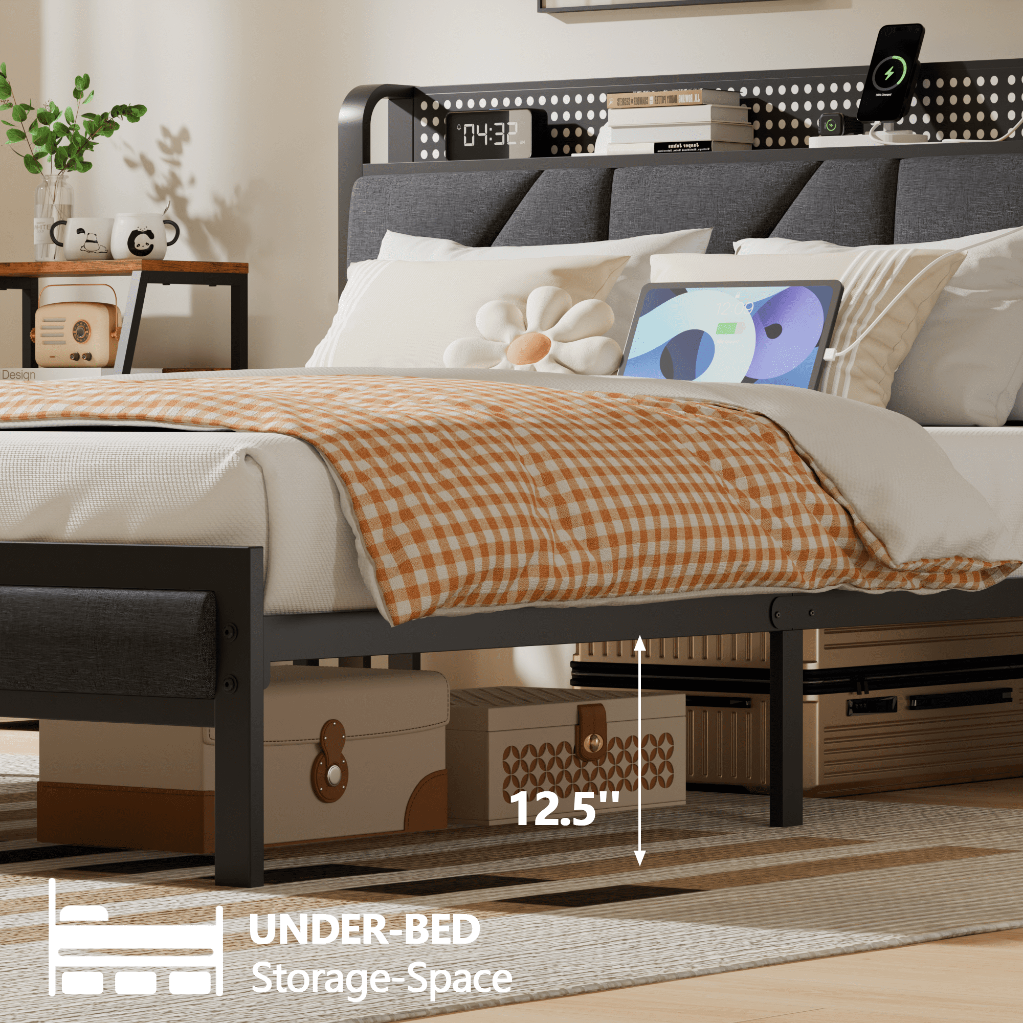 BYT Full Bed Frame with Upholstered Storage Headboard, Metal Platform Bed Station with Charging Station & LED, Noise-Free, No Box Spring Needed