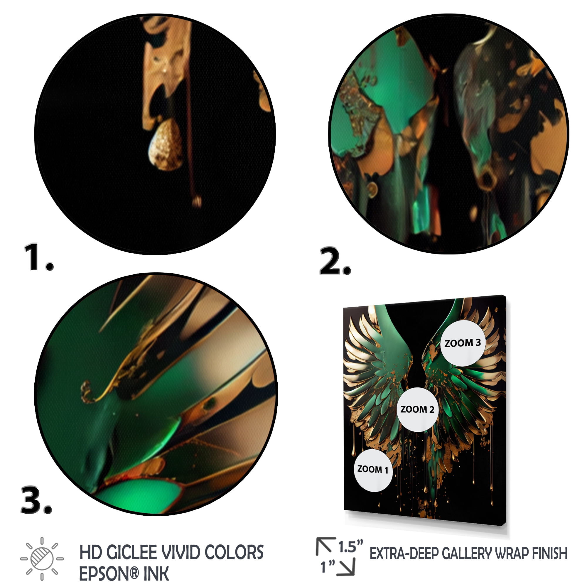 Designart Green And Gold Angel Wings II Canvas Wall Art