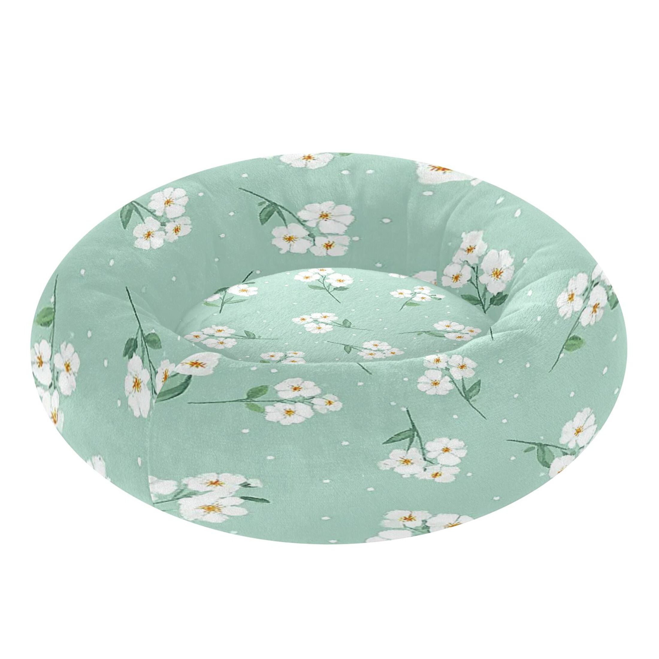 Iauyy Pet Couch Donut Cat Bed for Indoor Cats/Small Dogs Washable & Machine with Non-slip Bottom Calming Cat Furniture, Small White Flowers (M)