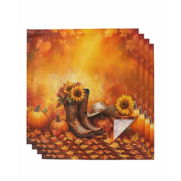 Orange Western Fall Cloth Napkins Set of 4, Thanksgiving Pumpkin Sunflower Washable Reusable Dinner Cocktail Napkin for Kitchen Party Wedding Banquet Holiday Baby Shower Table Decor