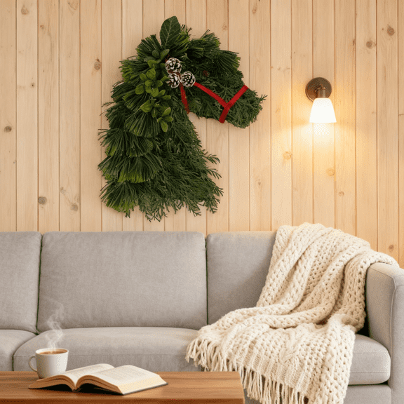 15.7 Inch Christmas Wreath Horse Head Wreath Metal Frame Horse Wire Garland Xmas Garland for Farmhouse Holiday Wall Porch Door Home Chair Fireplace Hanging Decor Xmas Tree Ornament