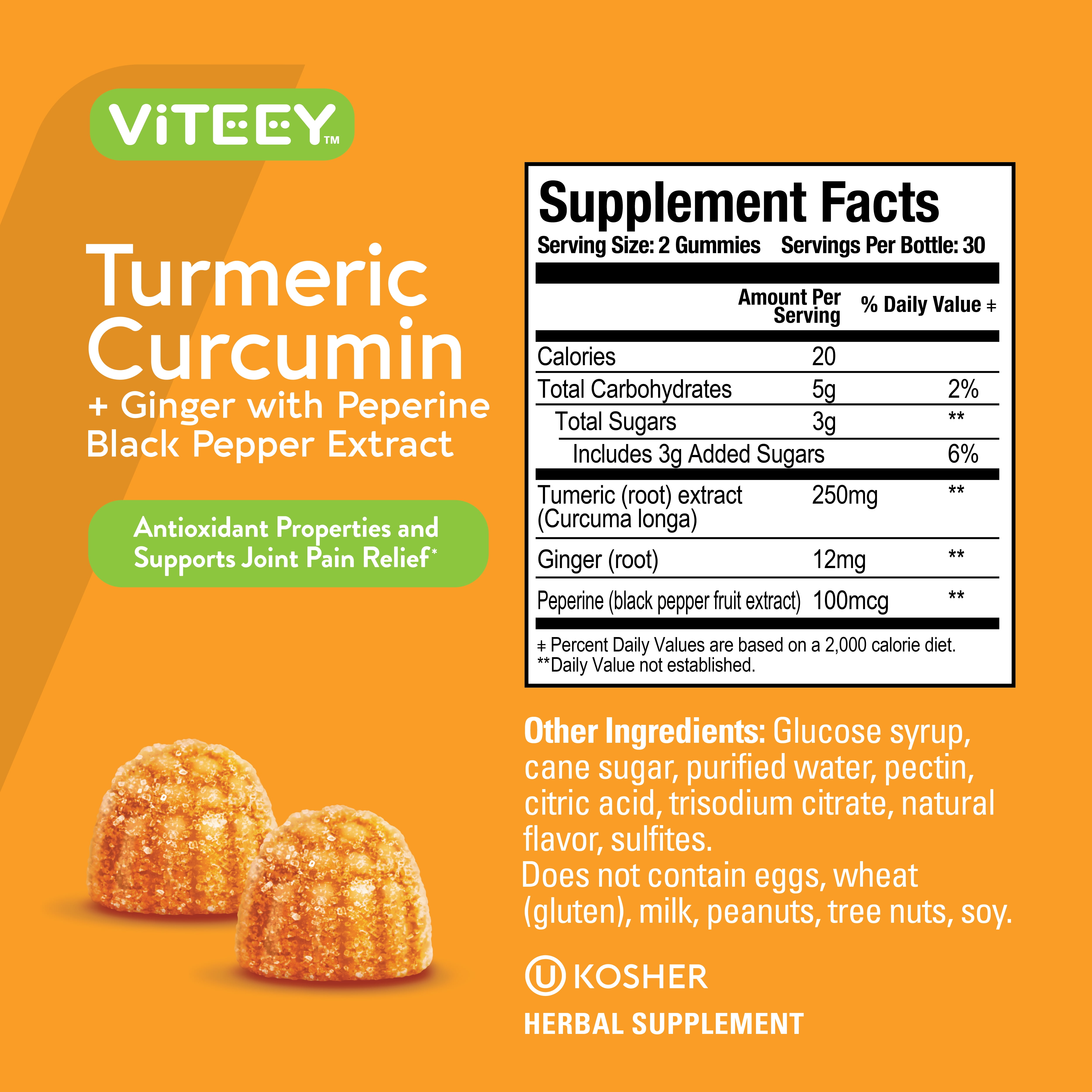 VITEEY Turmeric Gummies with Ginger, Immune Support, Peach Flavor, 60 Count, 2 Pack