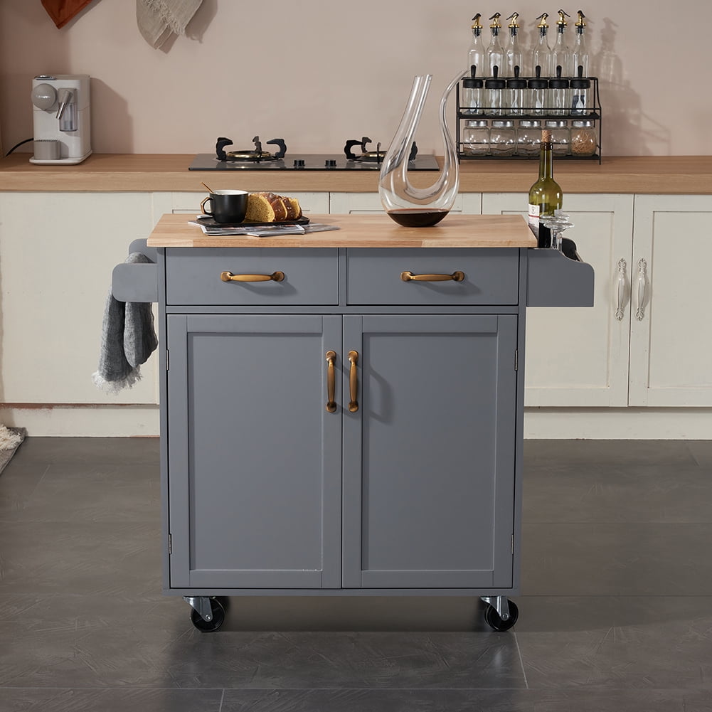 Kadyn Kitchen Island Cart, MDF Rubber Wood Dining Car with 2 Doors and 2 Drawers, Moveable Kitchen Cart for Kitchen, Gray Kadyn Kitchen Island Cart, MDF Rubber Wood Dining Car with 2 Doors and 2 Drawers, Moveable Kitchen Cart for Kitchen, Gray