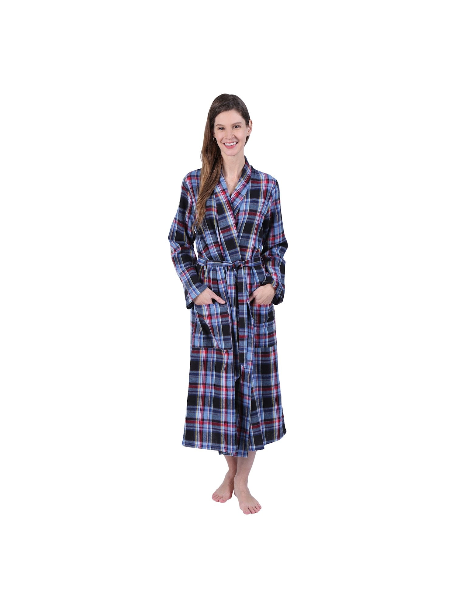 Metropolitan Womens Plaid Flannel Robe Lightweight Shawl Collar Bath