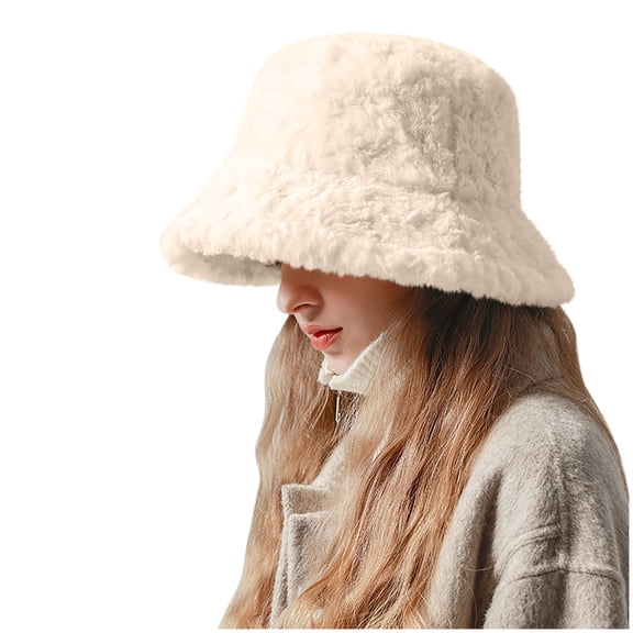 Risckoth Women's Fuzzy Winter Bucket Hat Plush Fabric Warm Outdoor Cap