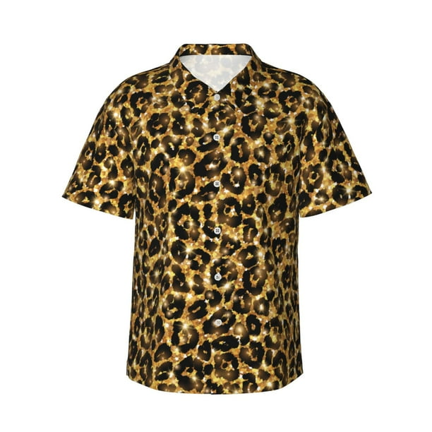 Fotbe Gold Glitter Leopard Camisa Hawaiana para Hombre Unisex – Camisa Casual de Verano con Botones de Manga Corta de Algodón y Lino,Small