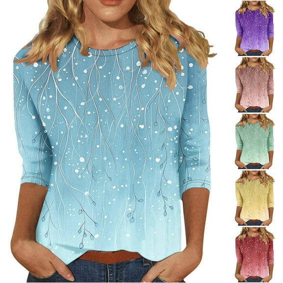 CYMMPU Loose Fit Crew Neck Summer Trendy Shirts Spring Tops Blouses for Women Dressy Casual 3/4 Sleeve Tunic Tops Flower Printed Lightweight Basic Tees Light Blue L