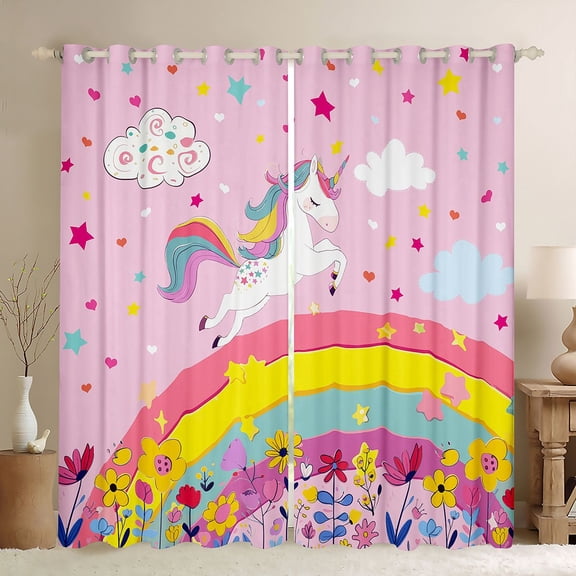Manfei Dreamy Unicorn Pattern Kitchen Curtains,Kawaii Flowers Black Out Curtains Pack of 2 (42x63 Each),Pink