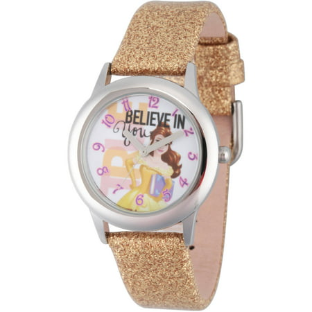Disney Princess Belle Girls' Stainless Steel Watch, Gold Glitter Strap