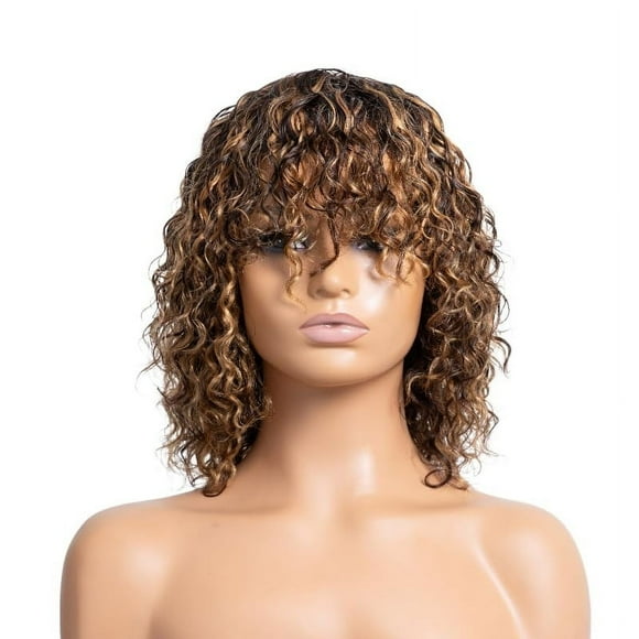 TopLLC Wigs Women's Gradient Golden Brown Short Curly Hair With Bangs And Small Curly Hair toupee toupee