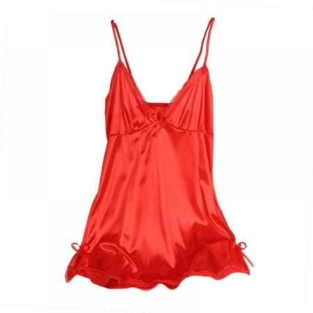 Women Lingerie Satin Lace Chemise Nightgown Sexy Full Slips Sleepwear Sexy Suspenders V-neck Solid Color Nightdress