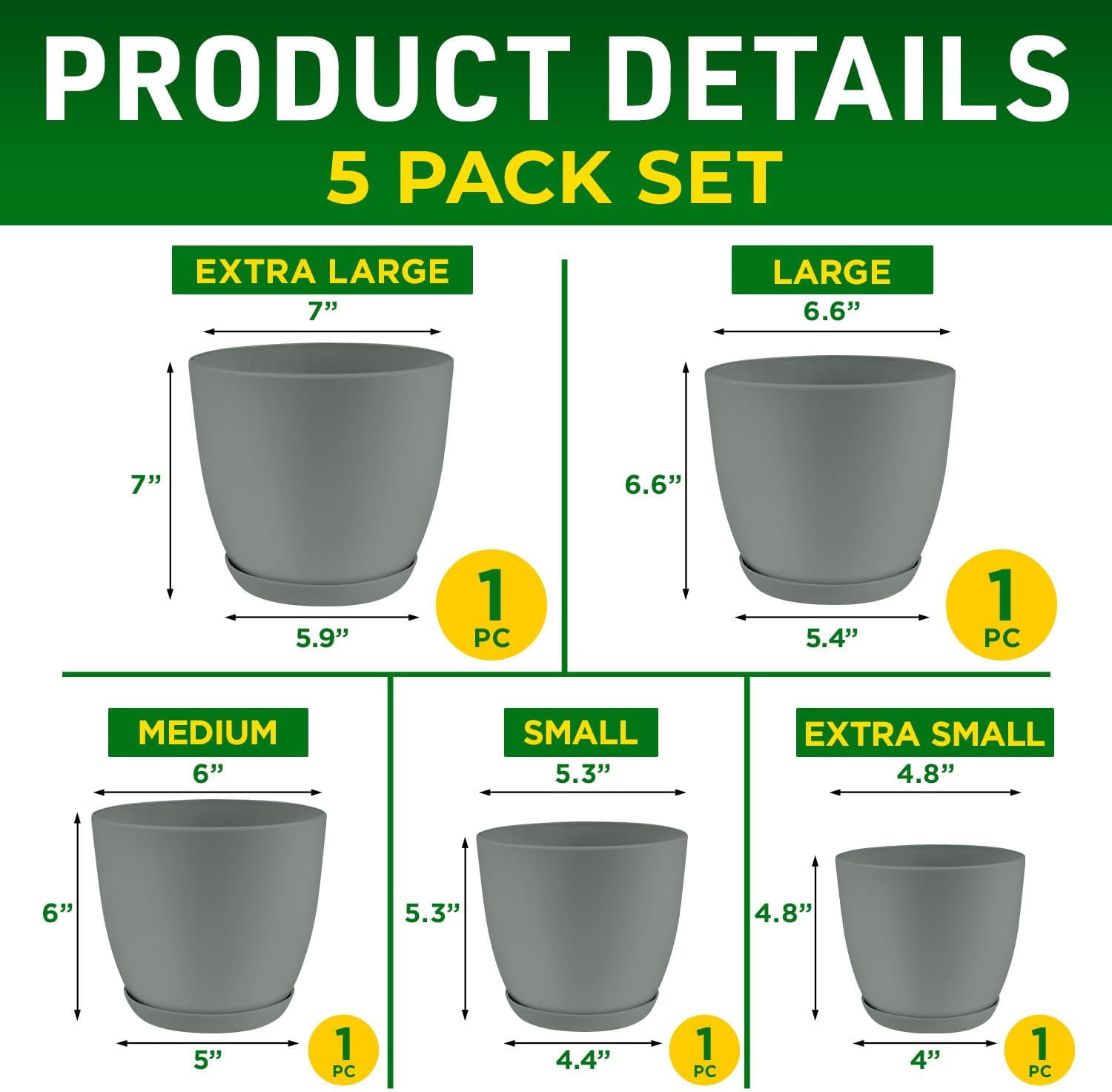 Lifemaster 5-Piece Gray Planter Pots with Drainage - Lightweight, Durable, Space-Saving Design for Indoor/Outdoor Use