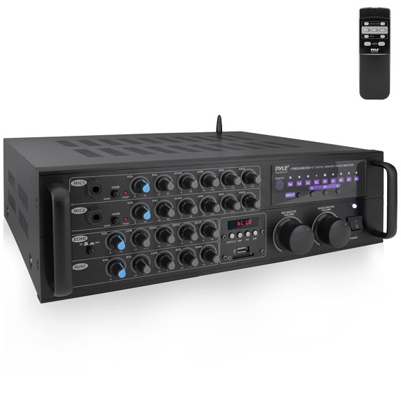 Pyle Amplificador de mezcla Bluetooth de doble canal - Mezclador de sonido de karaoke de montaje en rack de 2000 W Sistema de caja receptora estéreo para el hogar con RCA, USB, AUX - Para altavoz, PA,