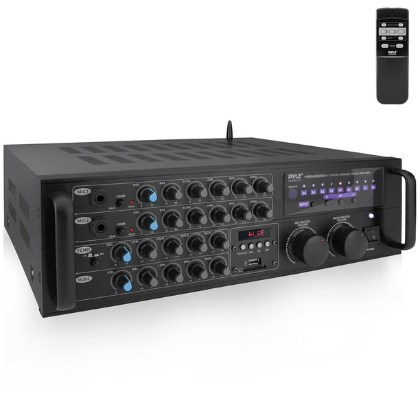 Pyle Amplificador de mezcla Bluetooth de doble canal - Mezclador de sonido de karaoke de montaje en rack de 2000 W Sistema de caja receptora estéreo para el hogar con RCA, USB, AUX - Para altavoz, PA,