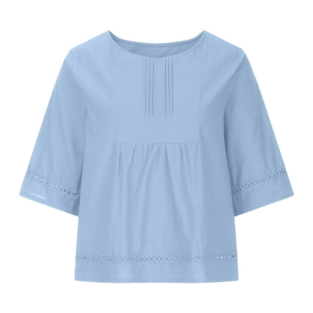 Hauts Boho pour Femmes Grande Taille Col Rond Manches Mi-Longues T-Shirts Plissés Mode Été Décontracté Tunique Ample Blouse