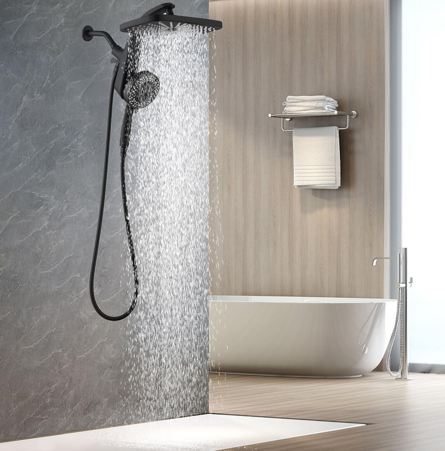 High Pressure Rain Shower Head: Upgrade Shower Heads with Handheld Spray Combo with Fixed Showerhead and 10 Sprays Handheld Shower Head, Detachable Showerheads