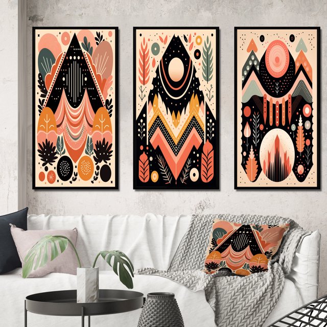 Designart "Retro Pink Bohemian Tribal Geometry II" Modern Geometric Framed Wall Art Set Of 3 - Pink Abstract Frame Gallery Wall Set For Home Decor