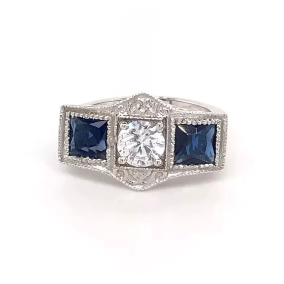 Edwardian Three Stone Diamond Engagement Ring, Antique Milgrain Ring, Sapphire Diamond Ring, Birthstone Ring, 2.2 Ct Simulated Diamond, 925 Sterling Silver, Gift For Grandmother
